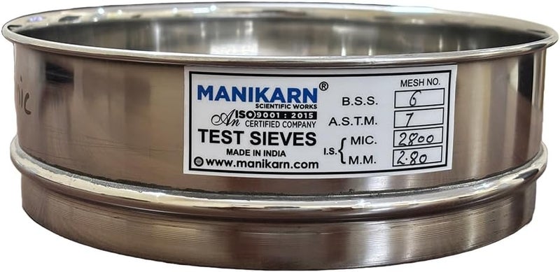 MANIKARN Test Sieve 8 Inch (200mm) – 2.80 mm Mesh, ASTM No. 7 – Grade 304 Stainless Steel Frame & Mesh – Laboratory Sieve for Soil, Sand, and Particle Size Analysis - Image 1